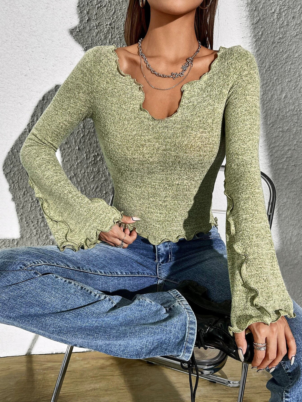 ZARA Elegant Trendy Frayed Crop Flare Sleeve Top Fall Winter